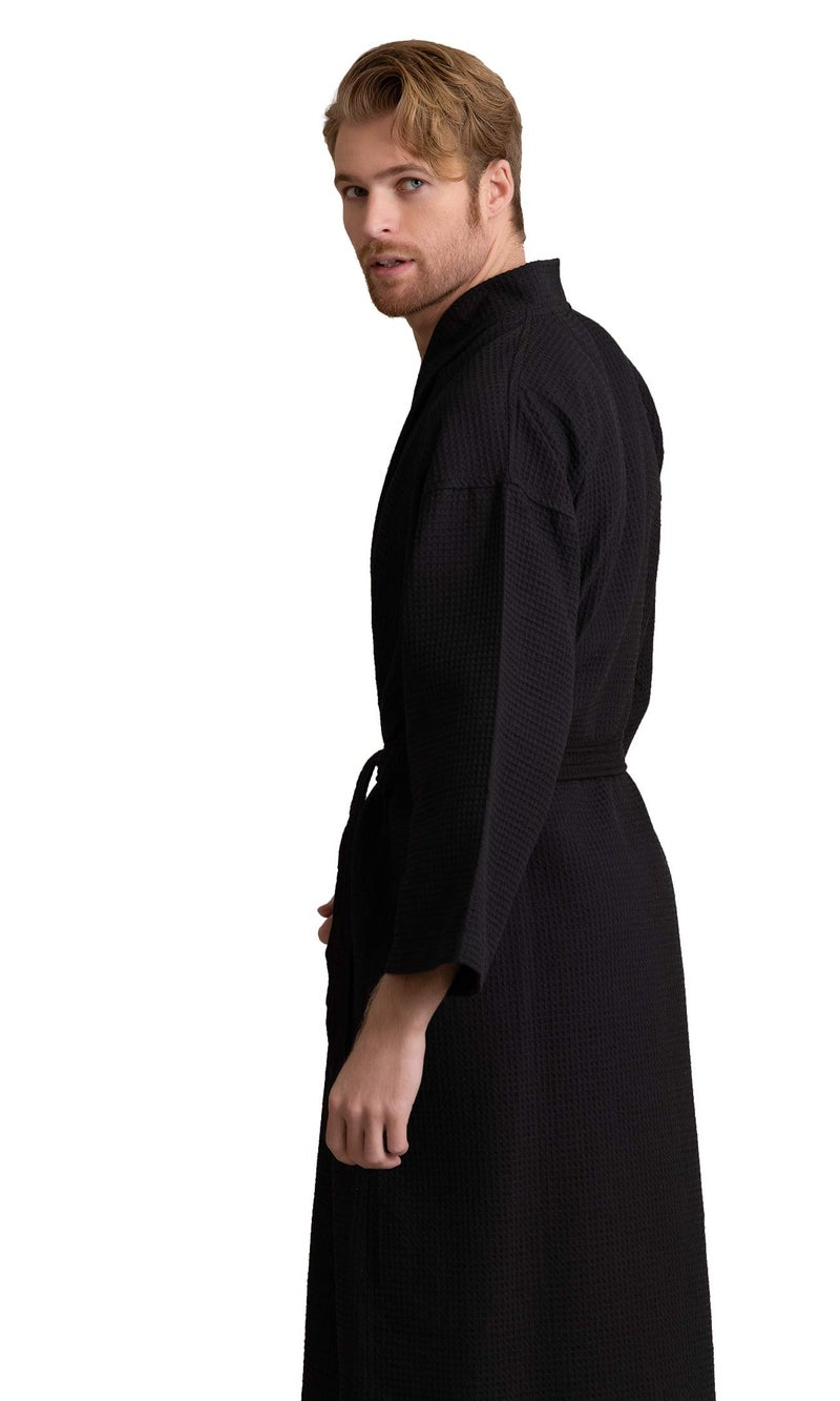 Soft Touch Linen Men's Cotton Waffle Bathrobe, Luxurious & Lightweight, Comfortable & Absorbent, Softness, Fast Dry, Adjustable wrap belt, Front 2 Pockets, Cozy Wear(Black-Medium) - Image 2